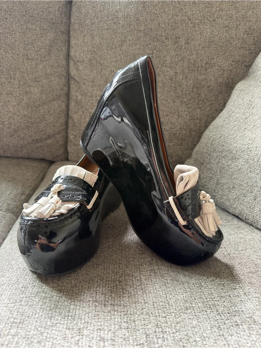 Sara Campbell Black Patent Leather Tassel Loafers with White Fringe